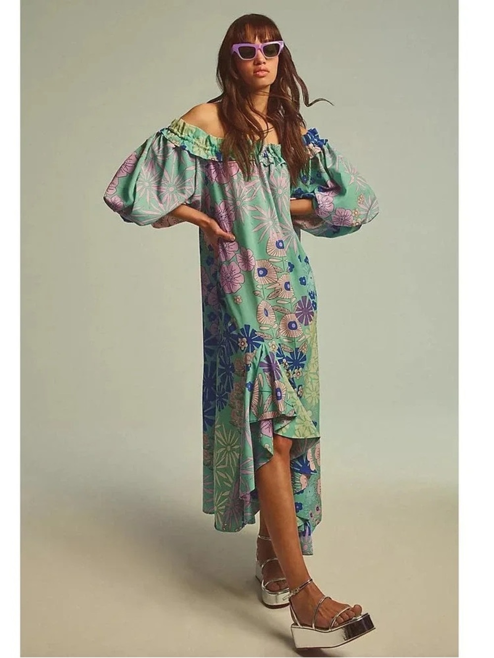 Oopscool • Anthropologie Off-The-Shoulder Printed Dress green floral mod retro